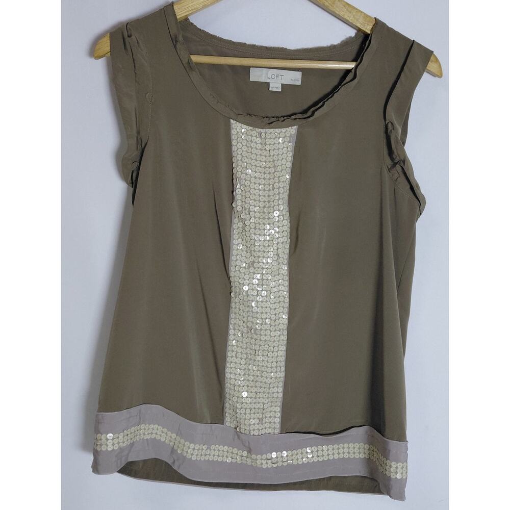LOFT PETITES  Sequin Accent Sleeveless Top Brown Solid Scoop Neck Size MP